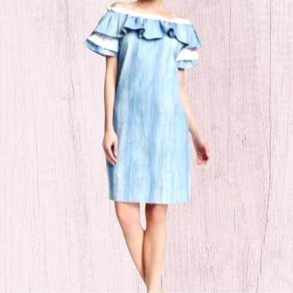 TOV Los Angeles Off Shoulder Chambray Dress Ruffle Blue Size 40 M - Picture 1 of 12
